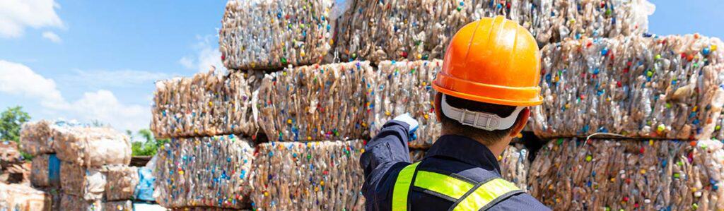 Back of engineer or foreman pointing toward bundles of plastic for recycling