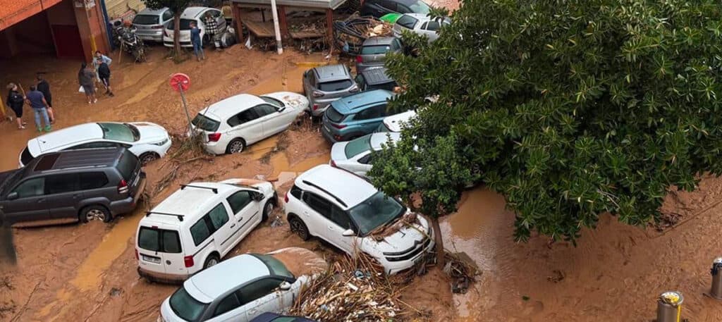 Cars in mud in Spanish floods, 2024